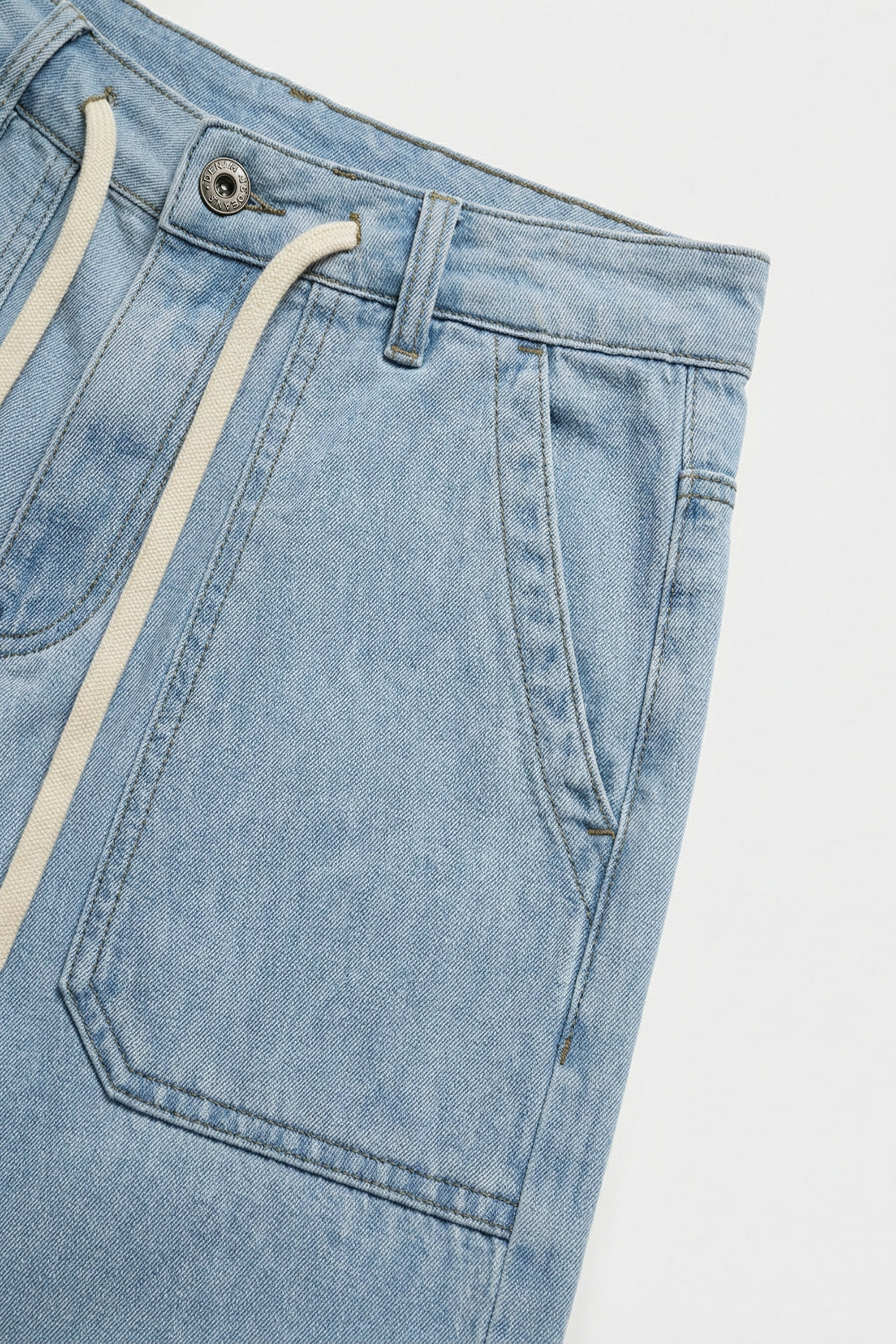 Light Blue Wide-Leg Denim Pants with Drawstring Waist - Denim