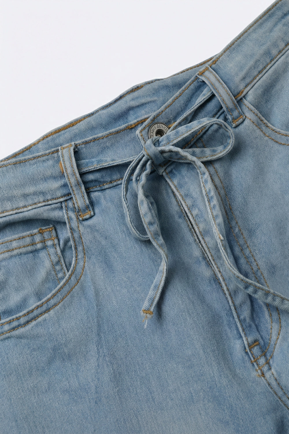 Light Blue Wide-Leg Denim Pants with Drawstring Waist - Denim
