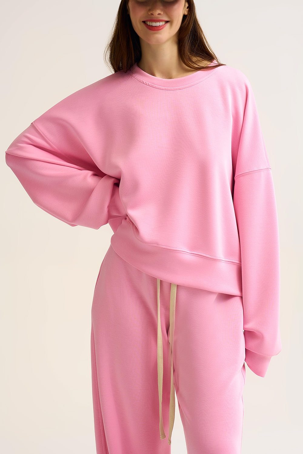 Crew Neck Dropped Shoulder Basic Sweatshirt in Pink - jumper