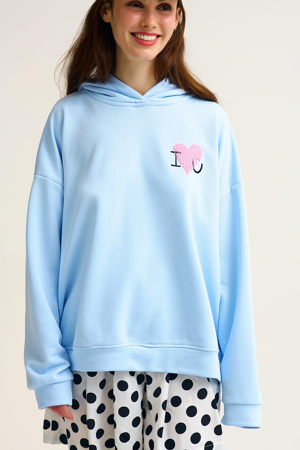 Baby Blue Super-Soft Hoodie with Bouclé Heart Graphic