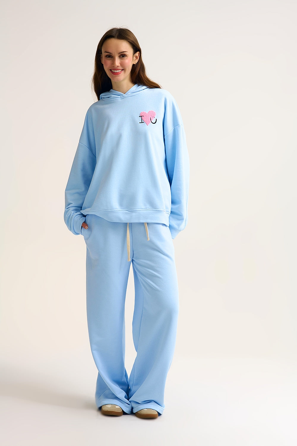 Baby Blue Super-Soft Hoodie with Bouclé Heart Graphic