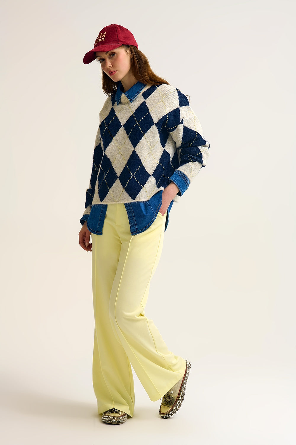 Navy diamond Chunky Knit Sweater in Contrast navy and cream - jumper