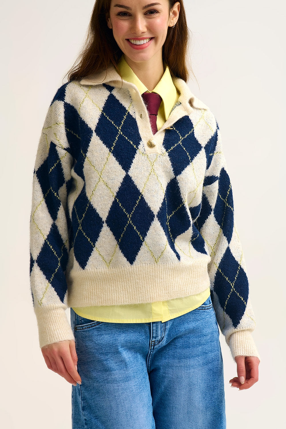 diamond printed knit polo neck sweater in navy and cream - jumper