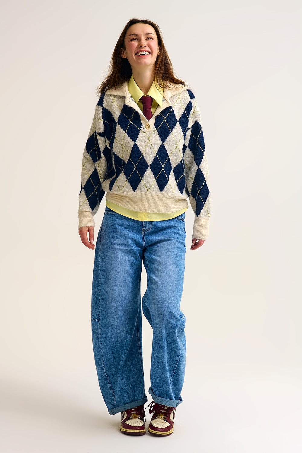 diamond printed knit polo neck sweater in navy and cream - jumper