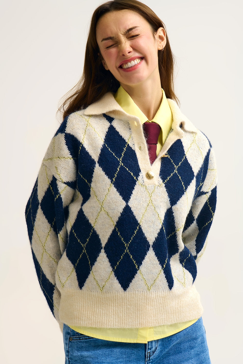 diamond printed knit polo neck sweater in navy and cream - jumper