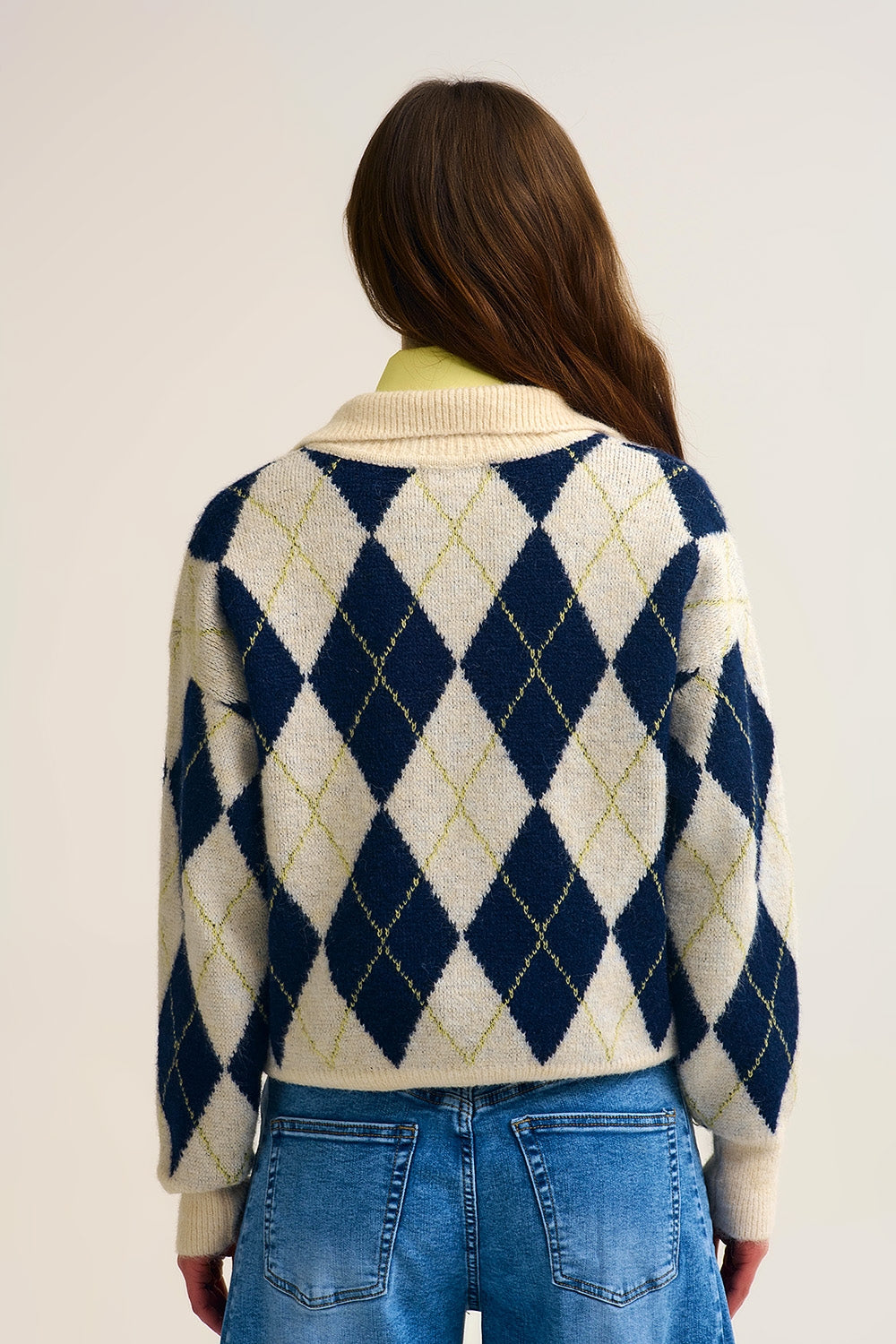 diamond printed knit polo neck sweater in navy and cream - jumper