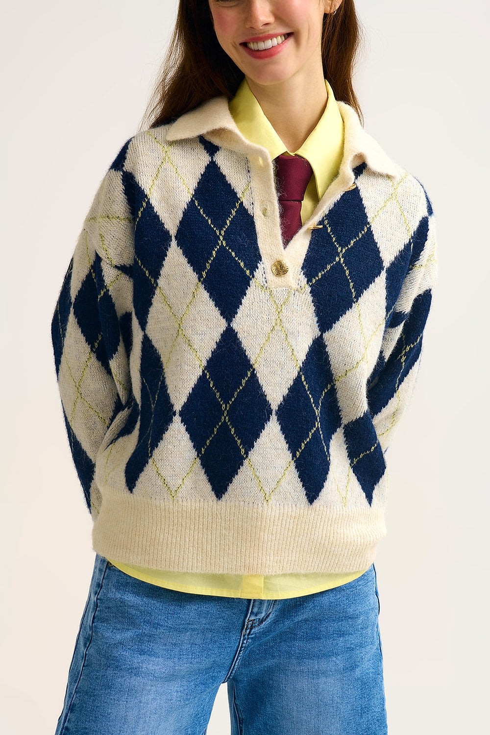 diamond printed knit polo neck sweater in navy and cream - jumper