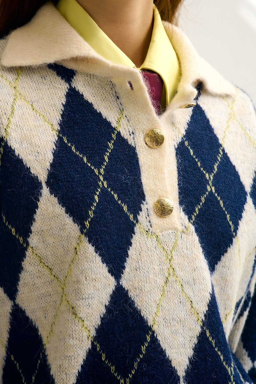 diamond printed knit polo neck sweater in navy and cream - jumper