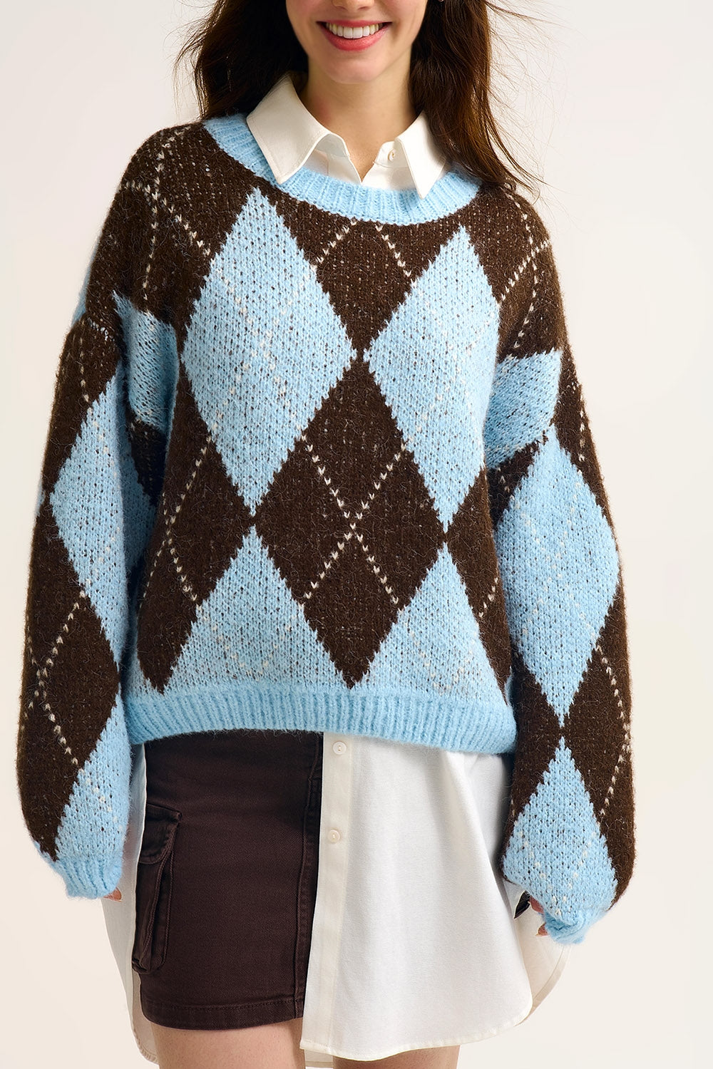 Blue and Brown diamond Knit Sweater With Voluminous Sleeves - jumper