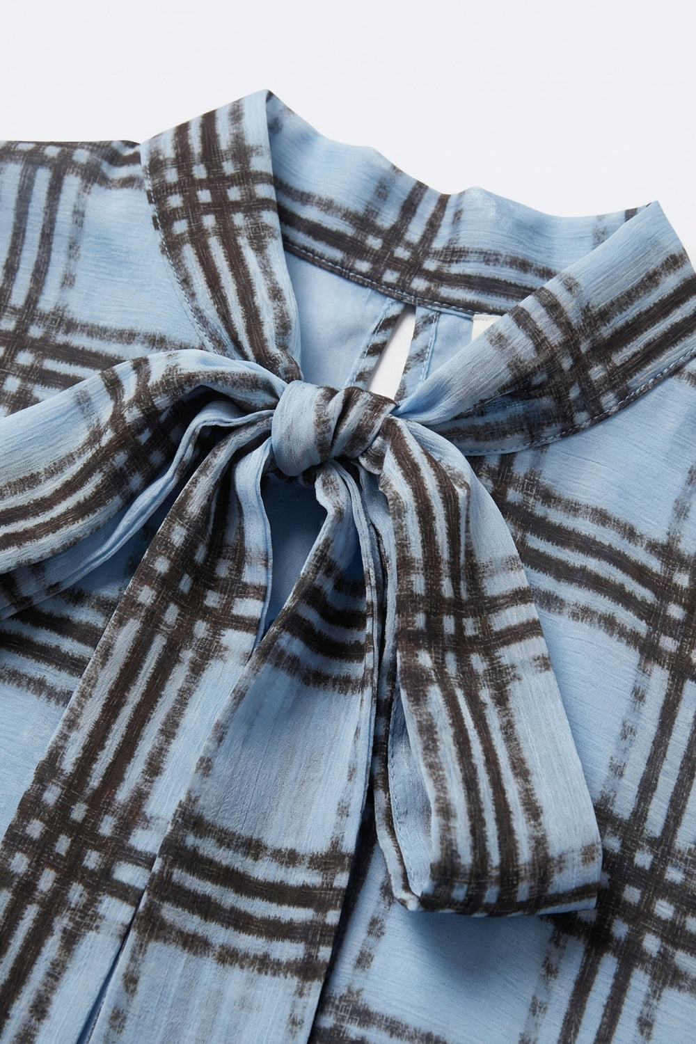 blue Chiffon Blouse with Check Print with Wide Sleeves and Neck Tie - top