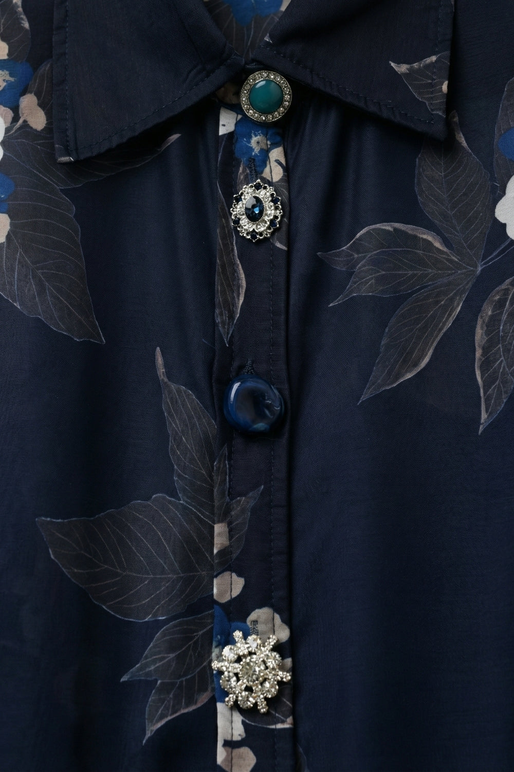 Navy Floral Button-Up Shirt in chiffon with Long Sleeves - Shirts