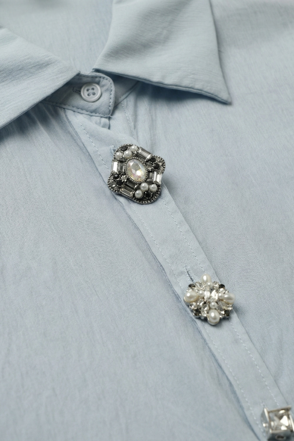 Light Blue Embellished Button-Down Blouse in tencel fabric - Shirts