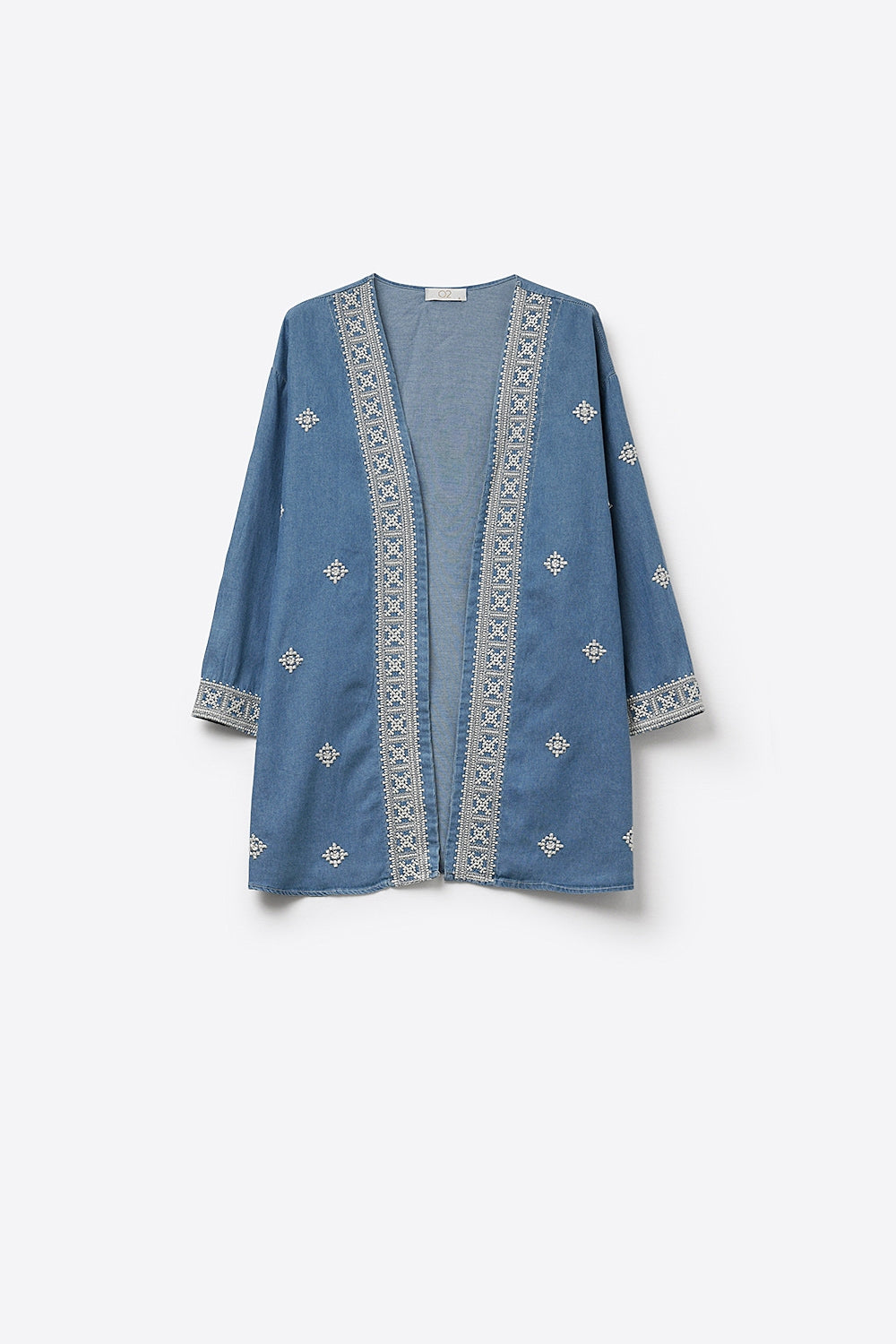 Blue Embroidered Open-Front Kimono with White Trim - blazer