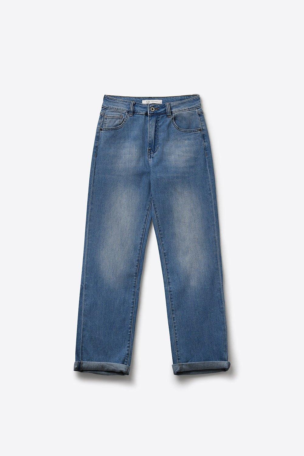 Blue mid Wash Jeans with Straight Leg in mom style fit - Denim