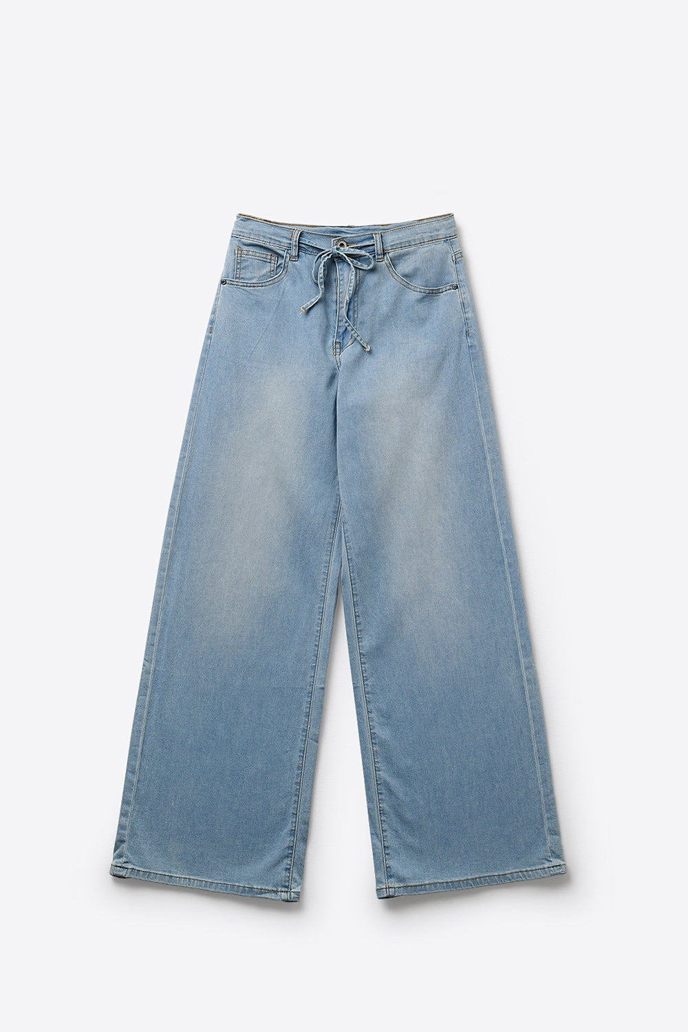 Light Blue Wide-Leg Denim Pants with Drawstring Waist - Denim