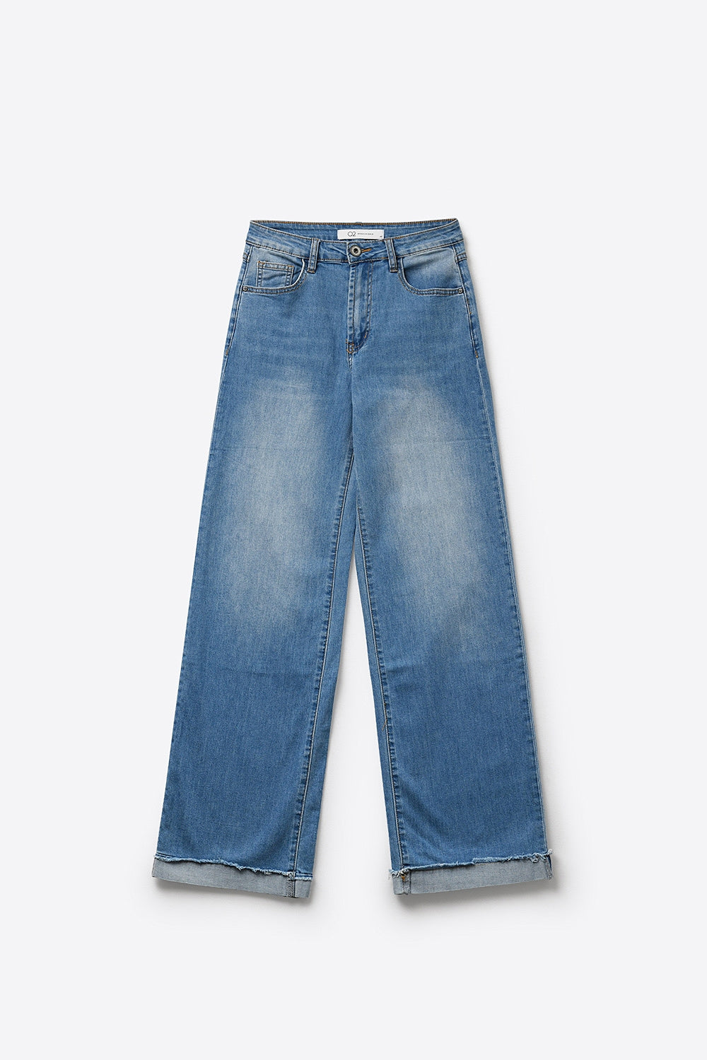 Light Blue Wide Leg Denim Jeans with Cuffed Hem - Denim