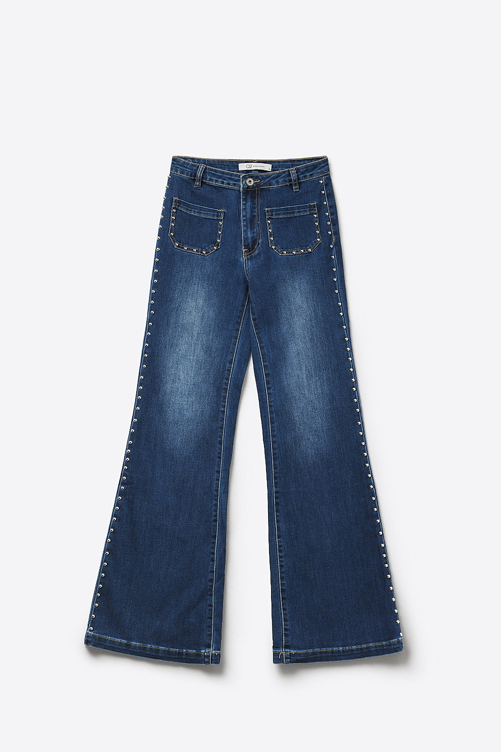 mid wash blue Flare-Leg Denim Jeans with Side Stud Detail - Denim
