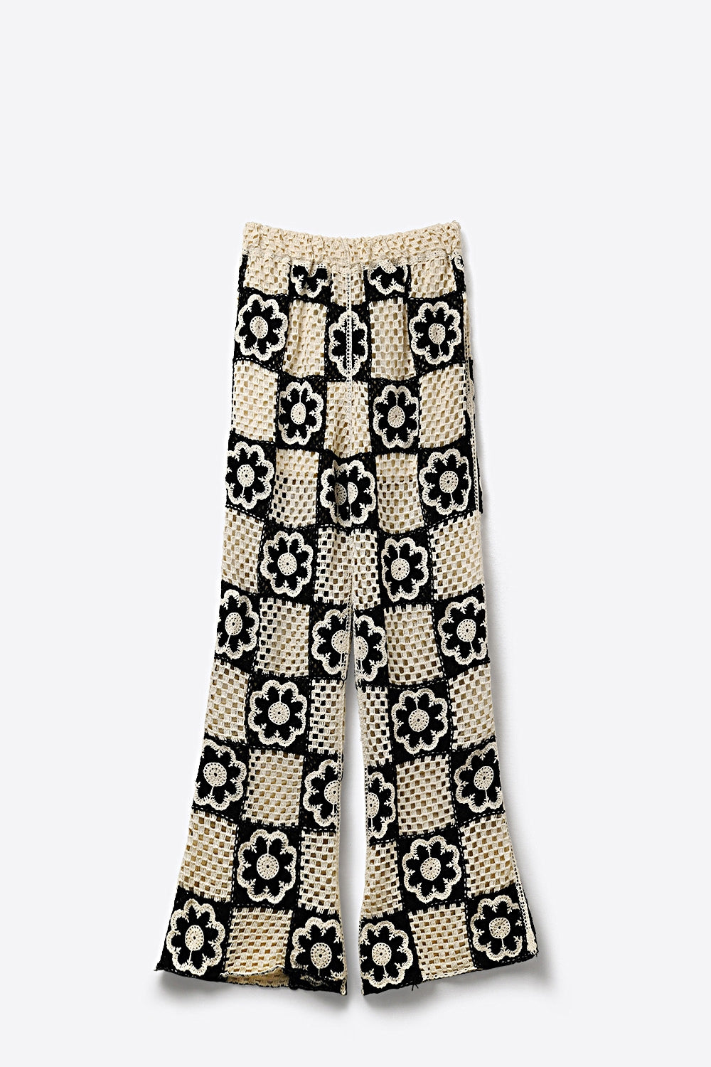 Black & Cream Crochet Patchwork flare-Leg Pants with Floral Motif - trousers