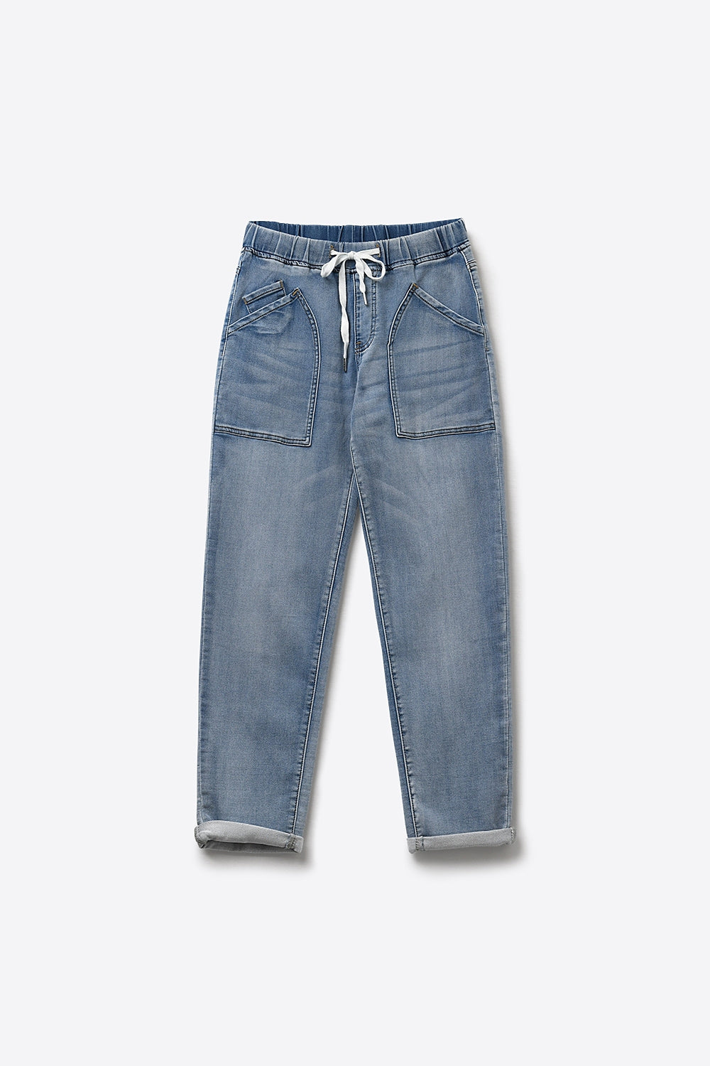 Light Blue Jogger Style Denim Jeans with Drawstring Waist - Denim