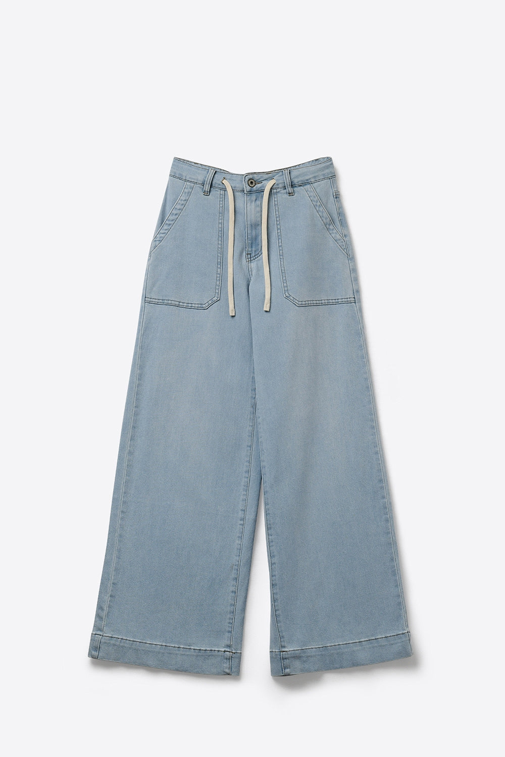 Light Blue Wide-Leg Denim Pants with Drawstring Waist - Denim