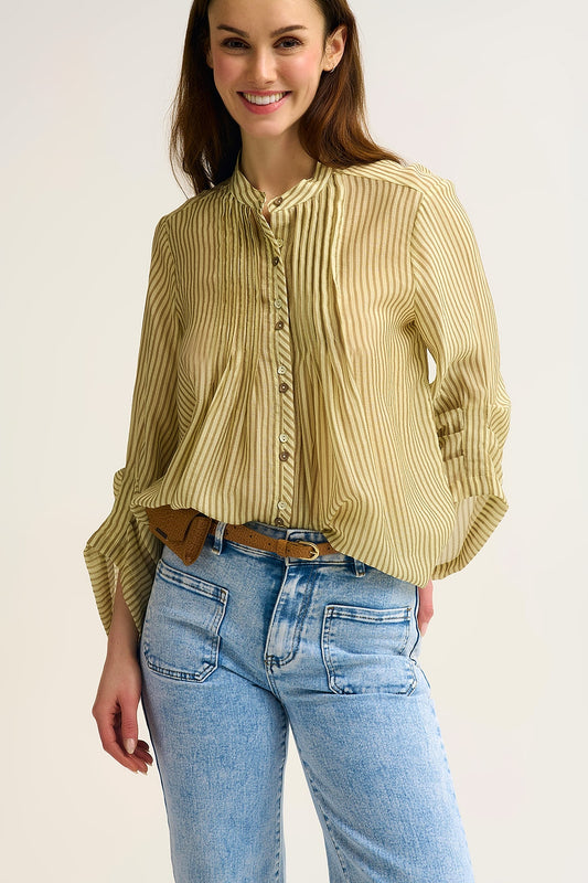 Chiffon Striped Button-Front Blouse with Relaxed Fit and Soft Texture - Shirts