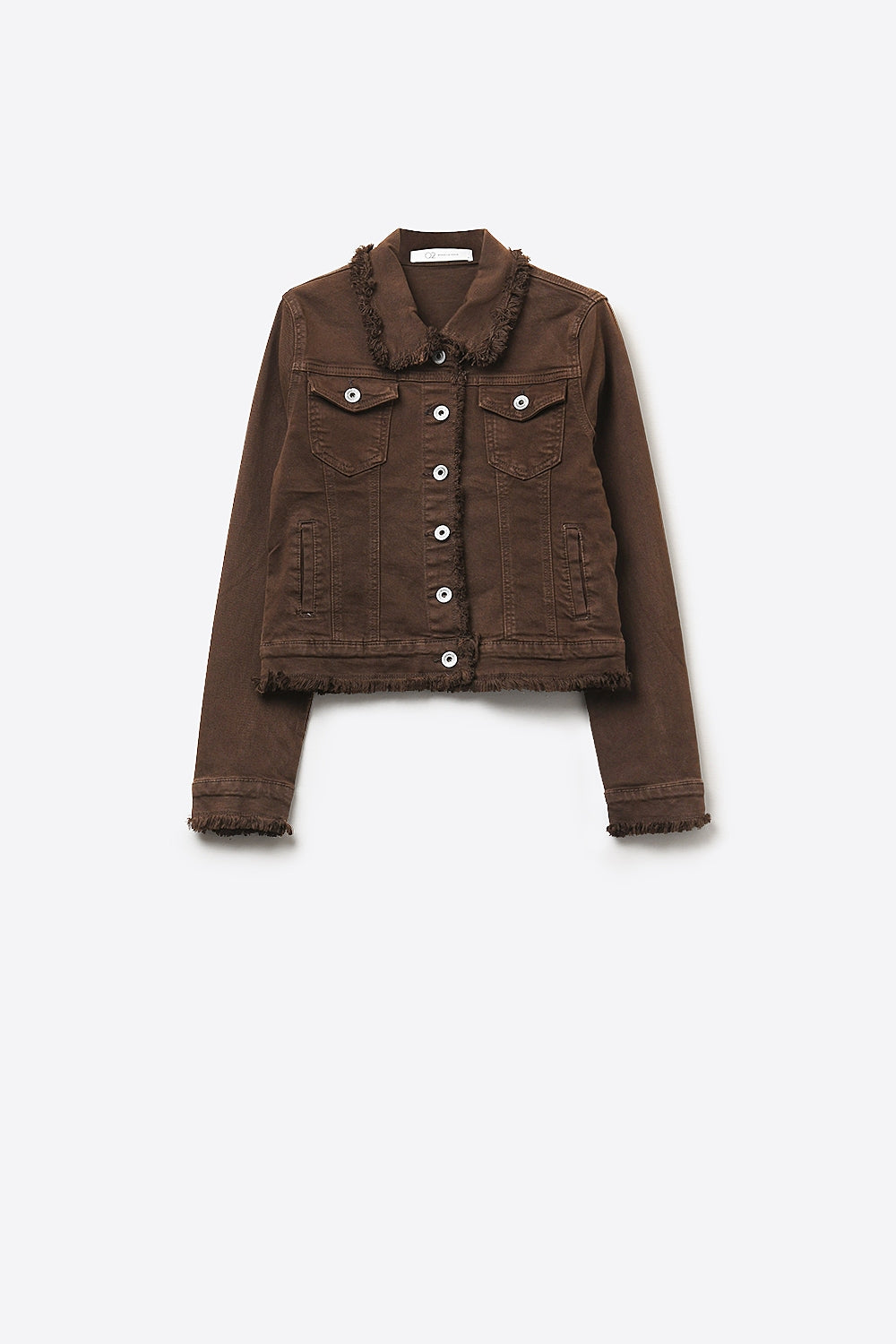 Raw edge denim jacket in chocolate color