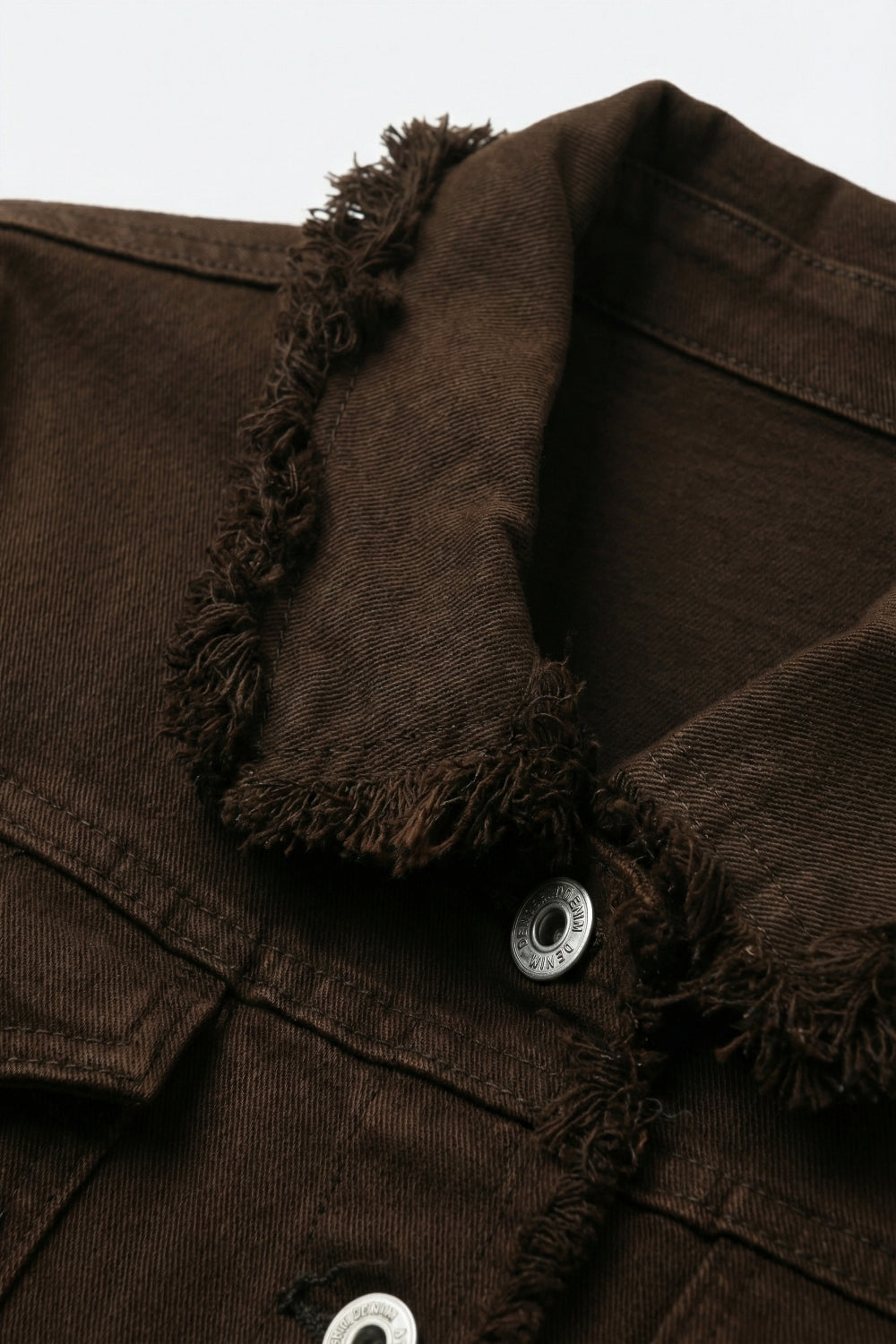 Raw edge denim jacket in chocolate color