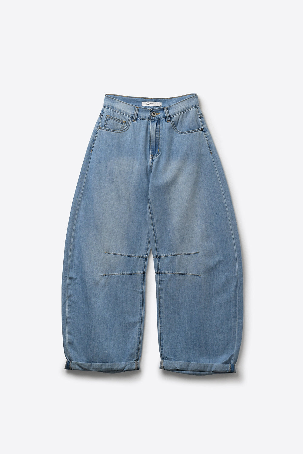 Light Wash Barrel Jeans With Knee Seam Detail - Denim