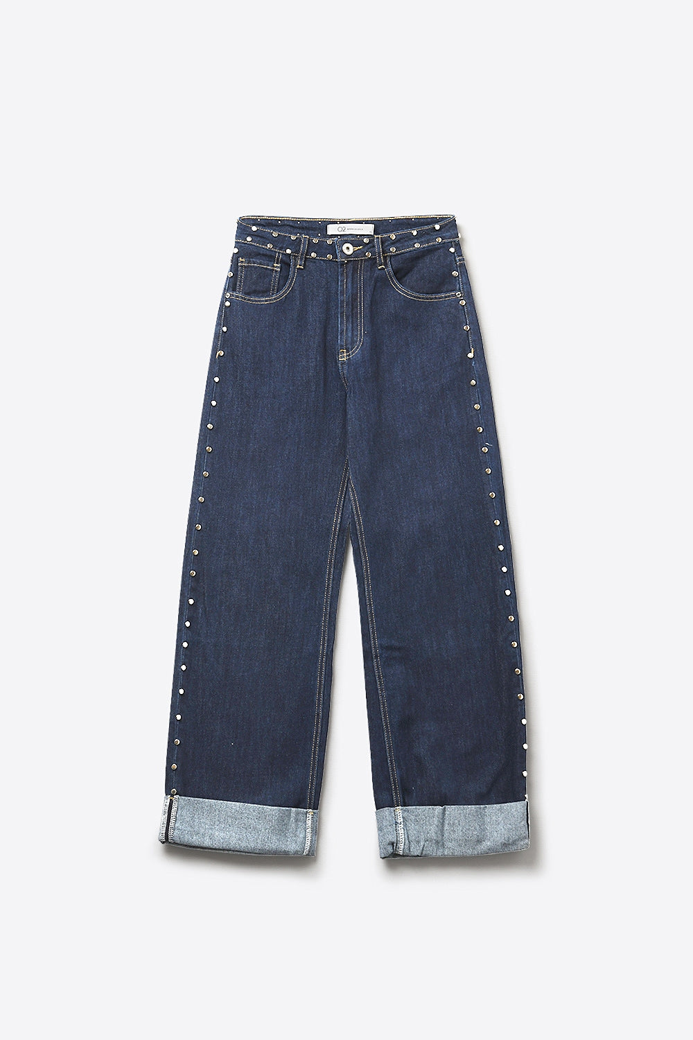 Dark Blue Wide Leg Studded Denim Jeans - Pants