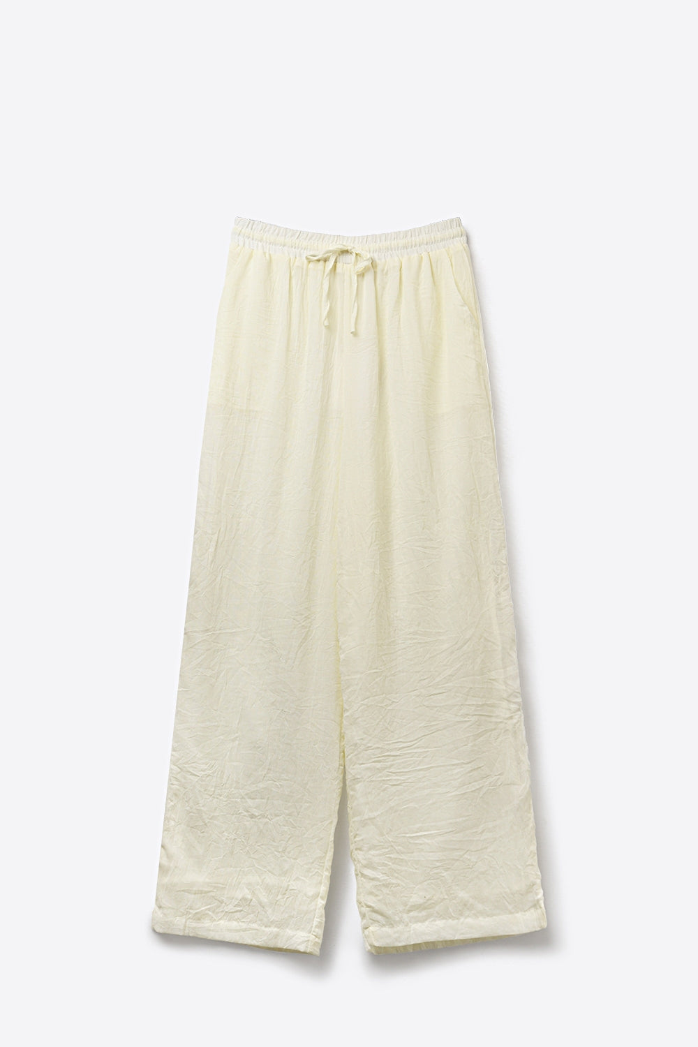 Cream Lightweight Crinkled Wide-Leg Pants with Elastic Waist - trousers