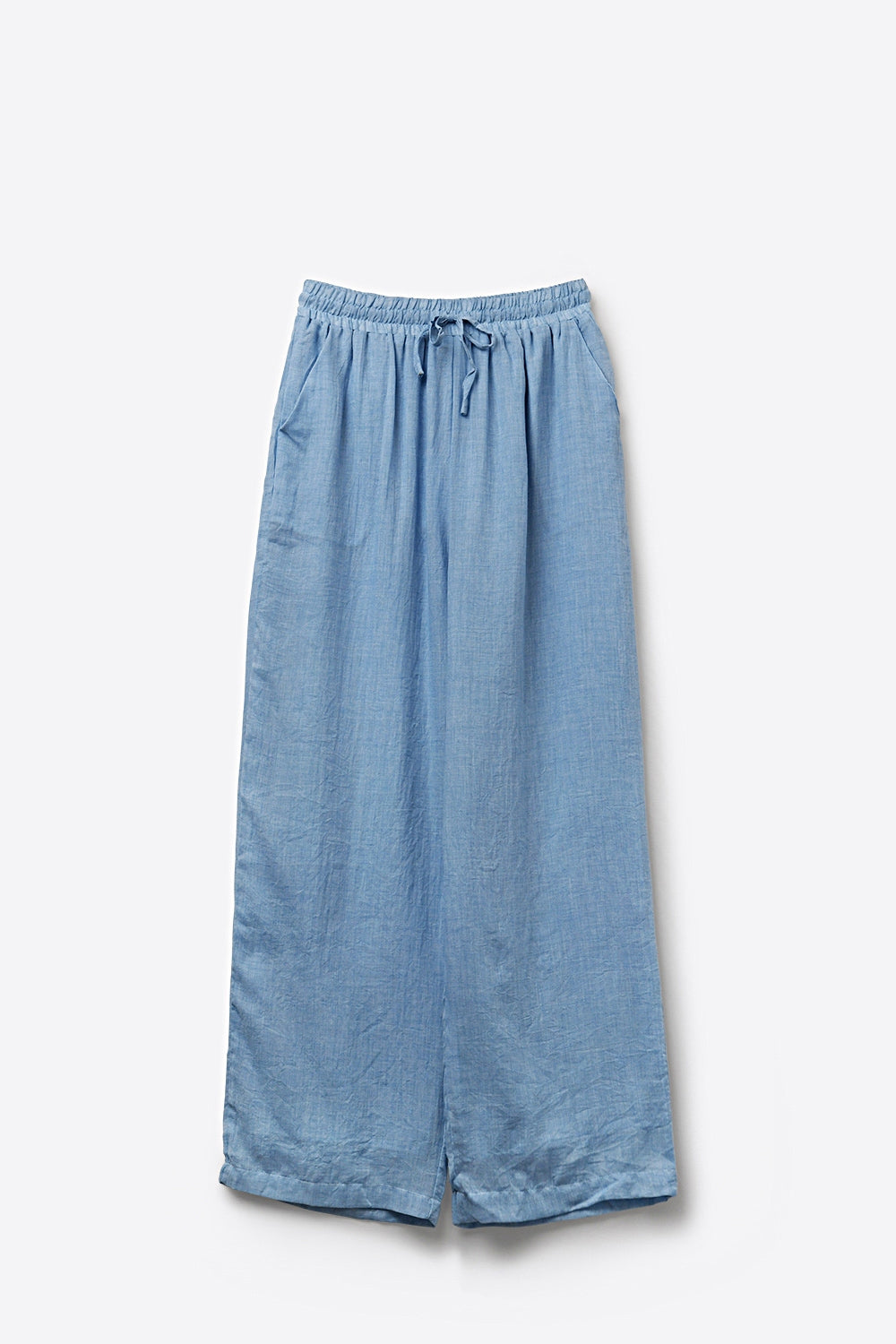 Light Blue Lightweight Crinkled Wide-Leg Pants with Elastic Waist - trousers