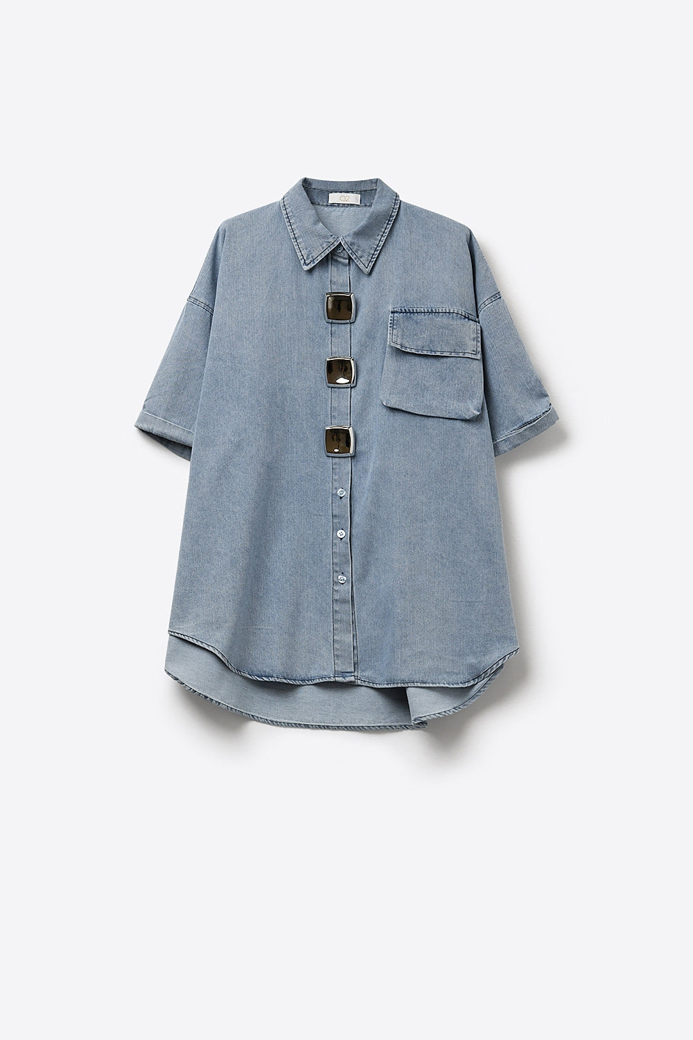 Light Wash Denim Short-Sleeve Shirt with big silver buttons - Shirts