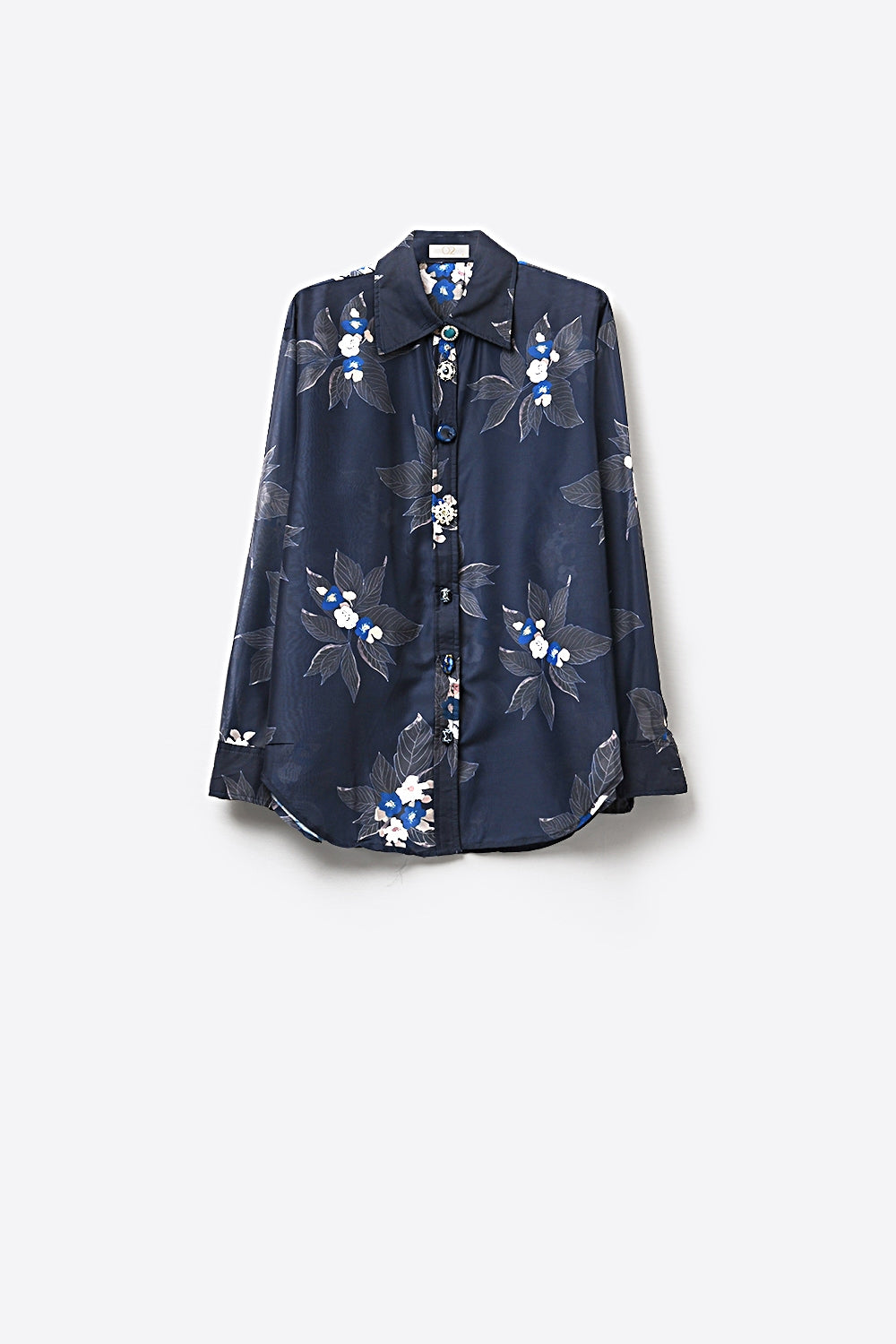 Navy Floral Button-Up Shirt in chiffon with Long Sleeves - Shirts