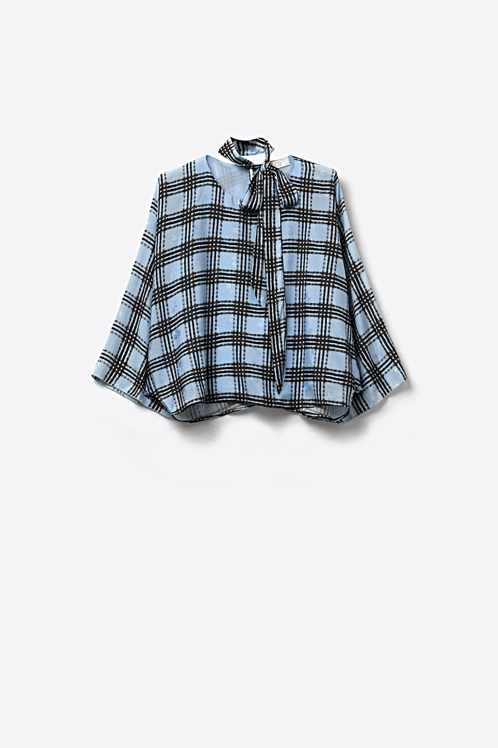 blue Chiffon Blouse with Check Print with Wide Sleeves and Neck Tie - top