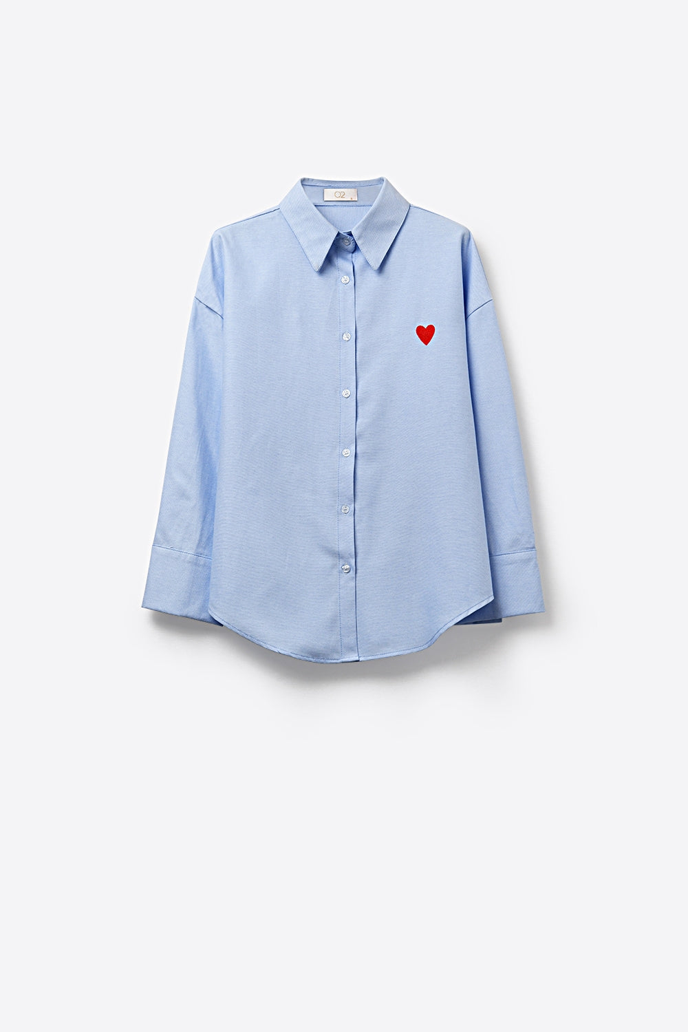blue Oxford Cotton Shirt with Embroidered red Heart Detail - Shirts