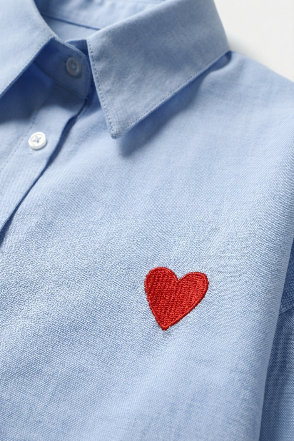 blue Oxford Cotton Shirt with Embroidered red Heart Detail - Shirts