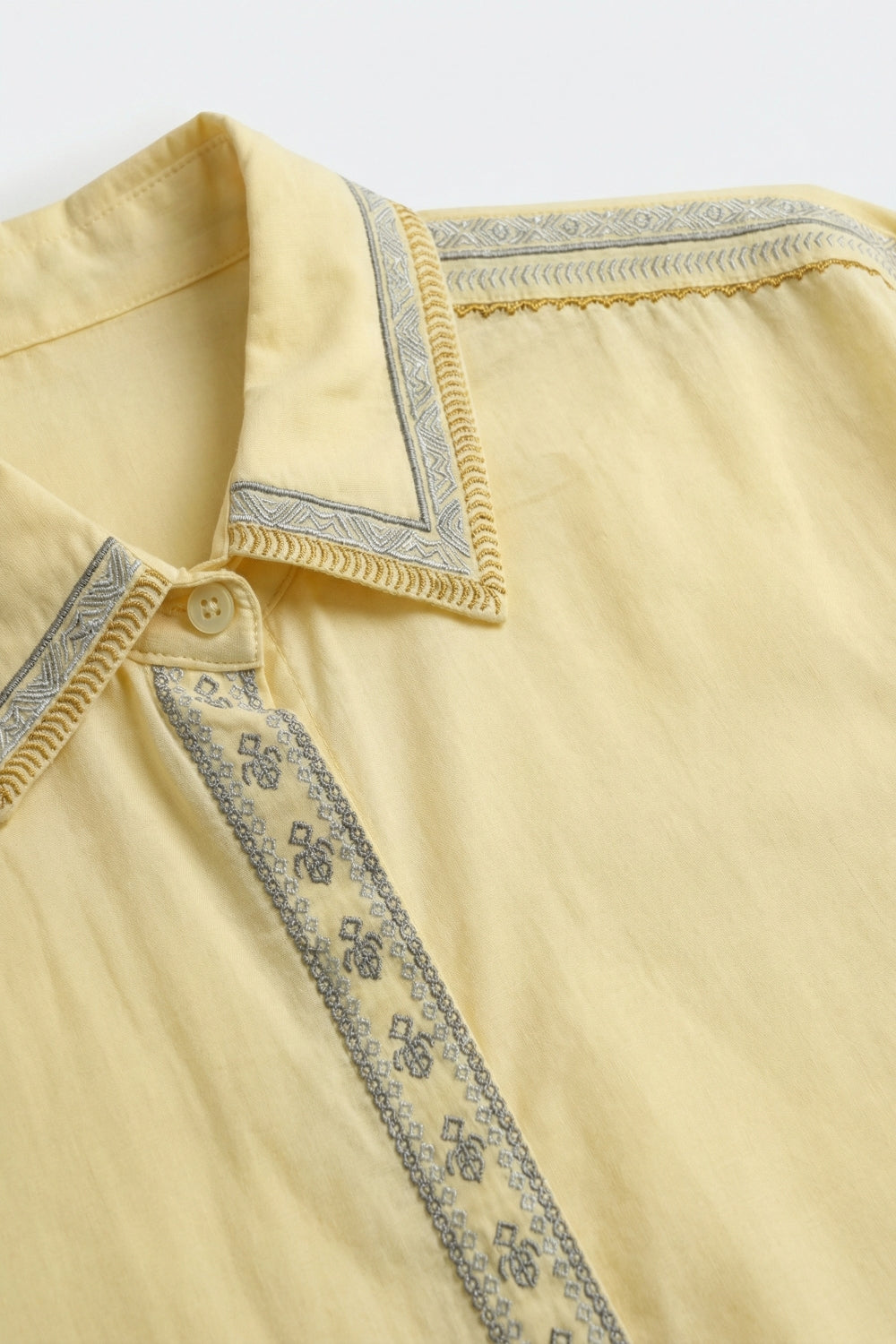 Yellow Oversize Shirt with Embroidered Trim Details - Shirts