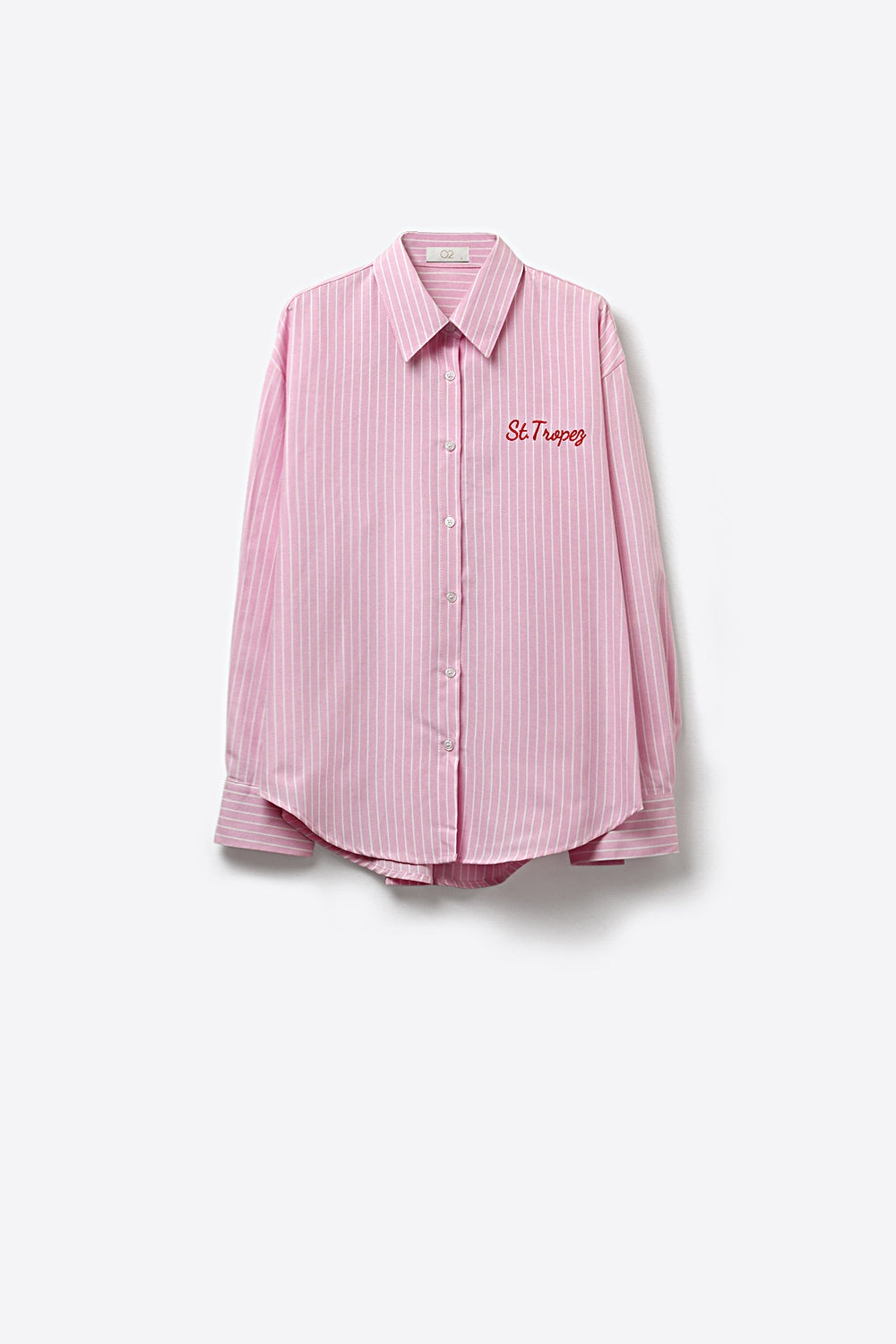 Pink Striped Button-Up Shirt with Embroidered Detail - Shirts