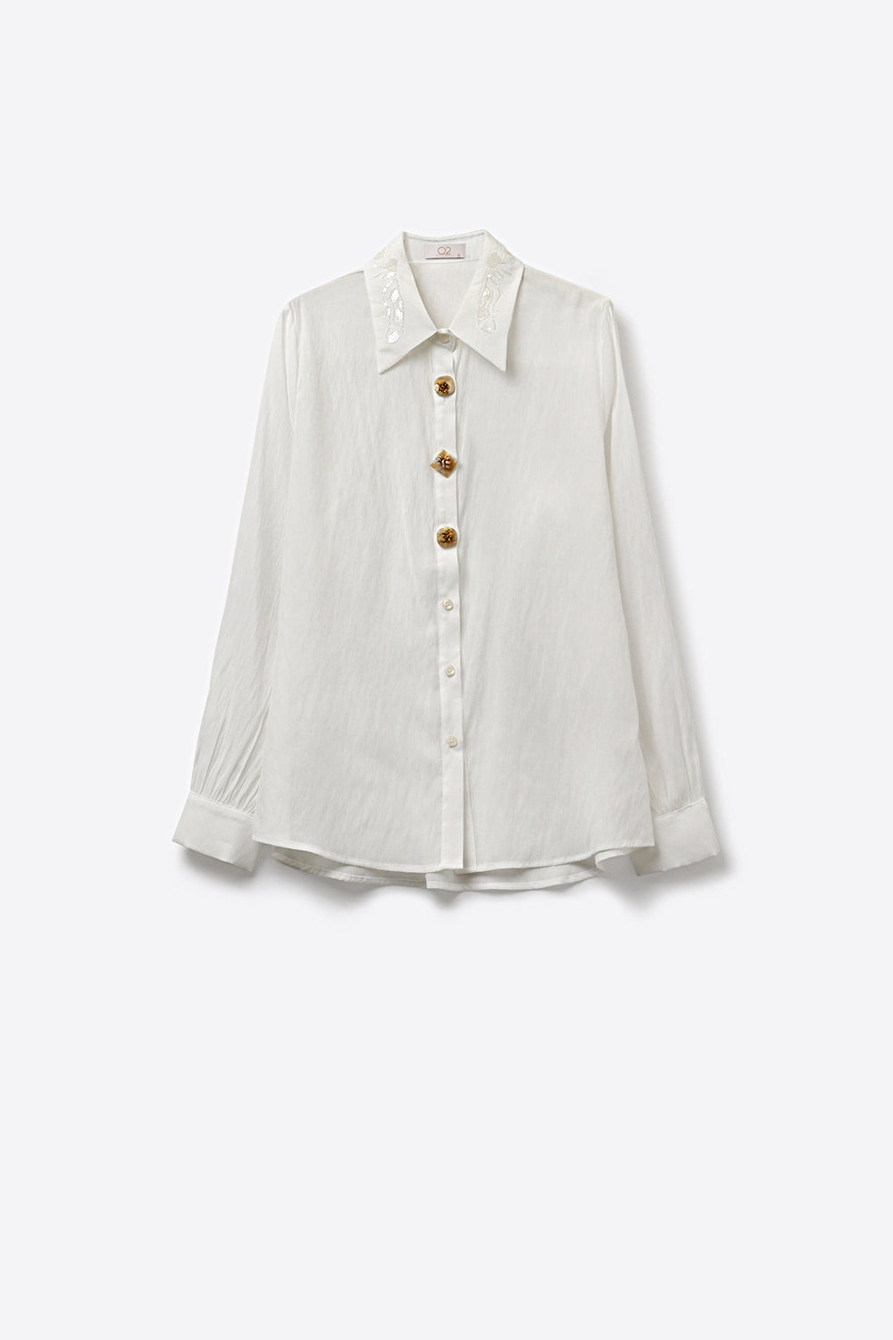 White Button-Front Shirt with Embroidered sequin Collar - Shirts