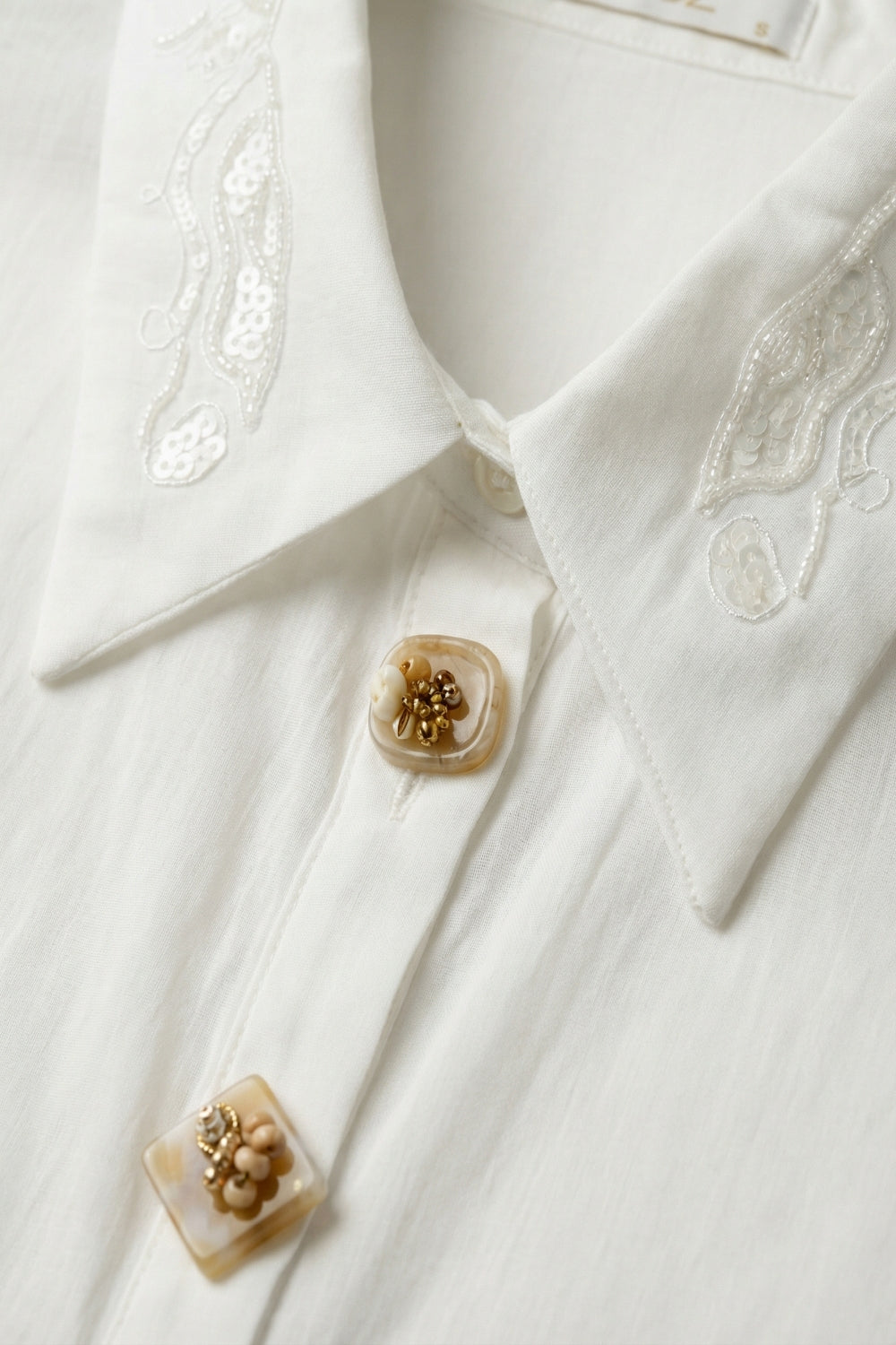 White Button-Front Shirt with Embroidered sequin Collar - Shirts