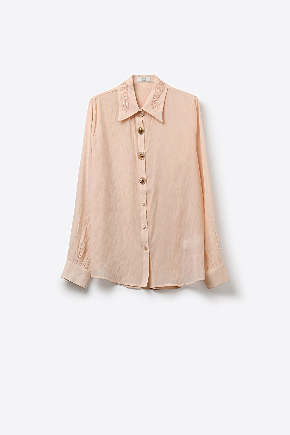 Pink Semi-Sheer Button-Up Shirt with Embroidered sequin Collar - Shirts