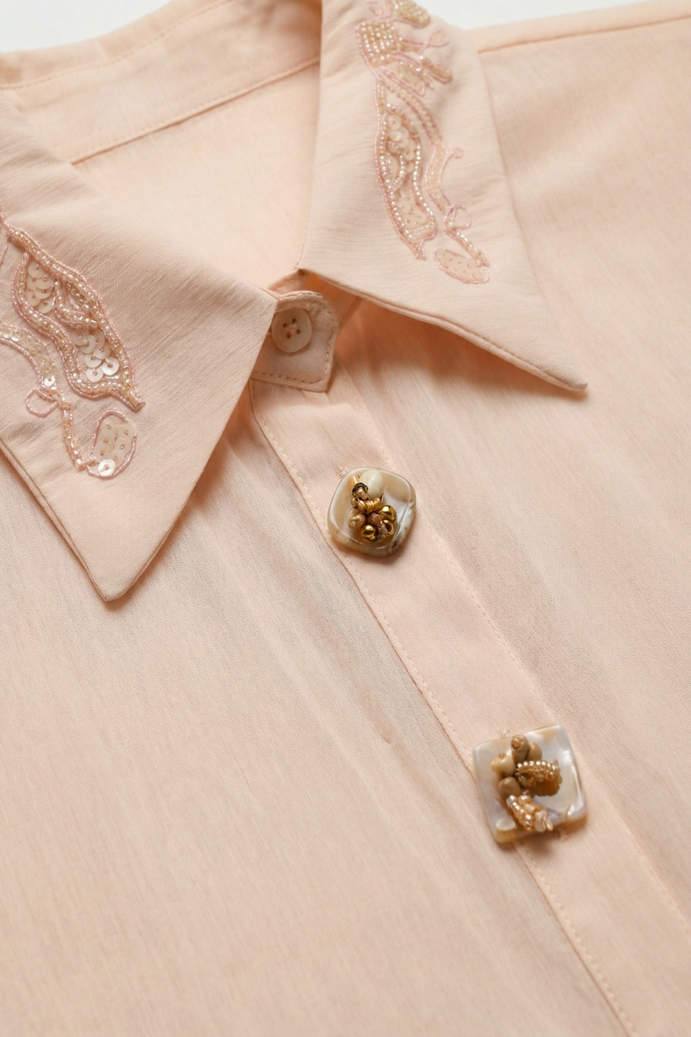 Pink Semi-Sheer Button-Up Shirt with Embroidered sequin Collar - Shirts