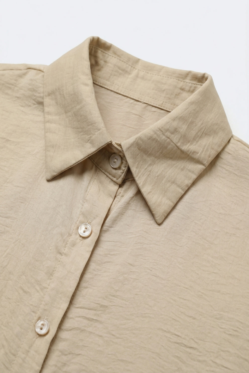 Beige Button-Front Long Sleeve Shirt Dress in shiny satin - Shirts