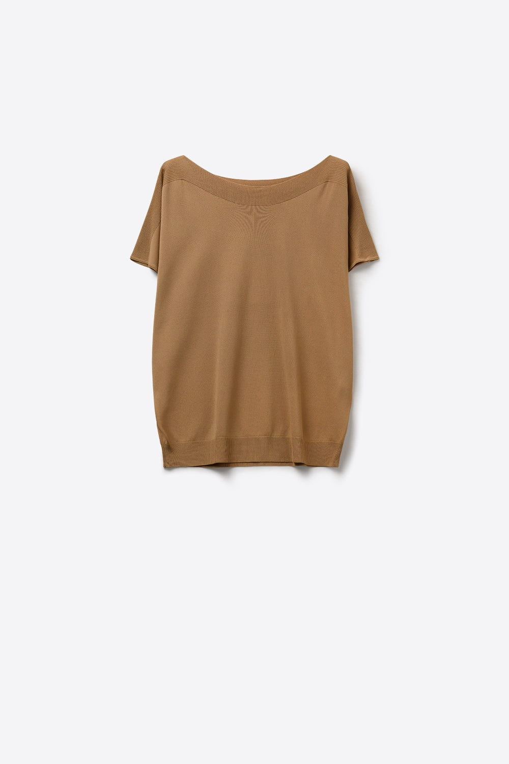 Relaxed camel boatneck sweater with dropped sleeves