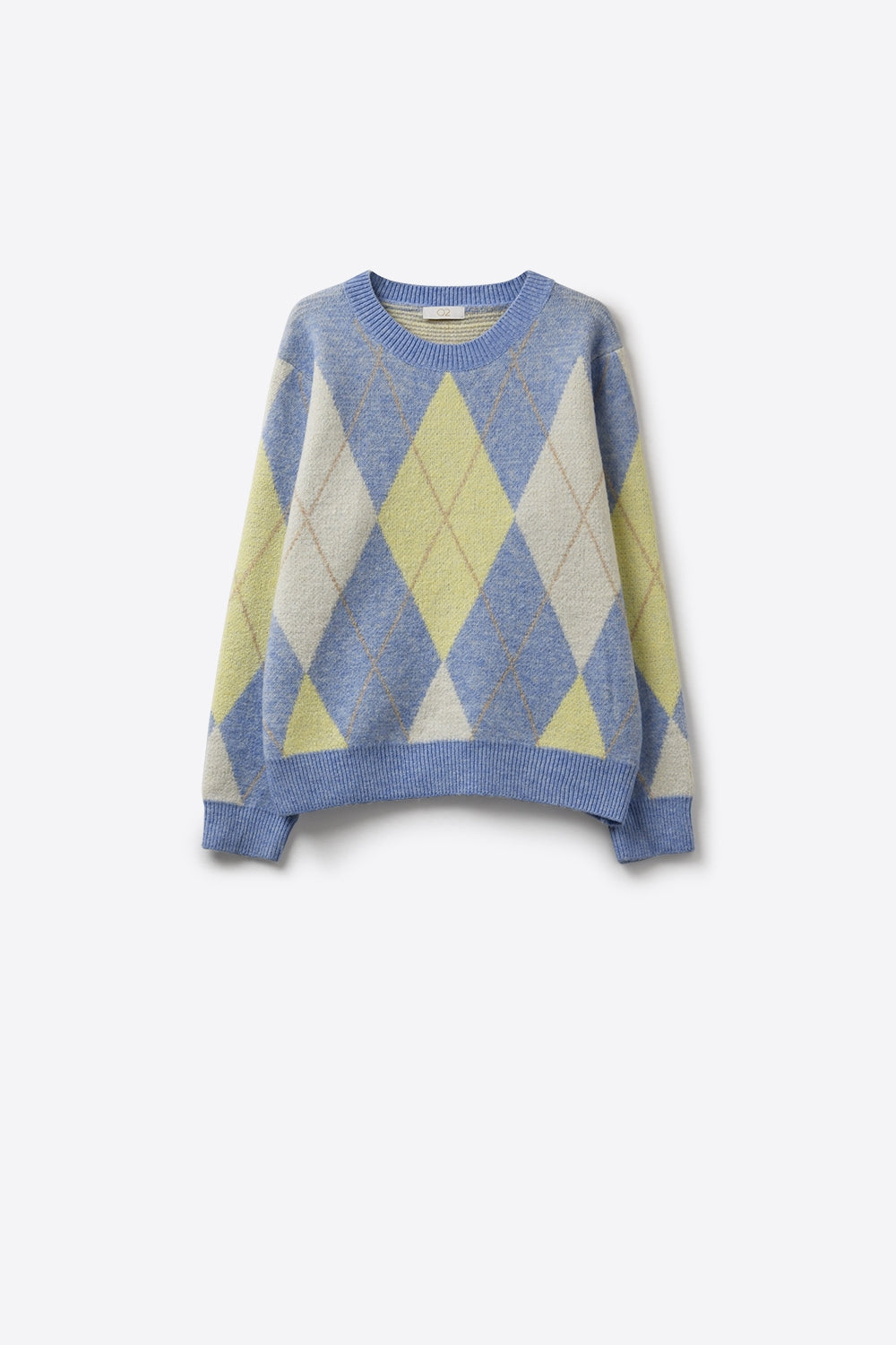 Blue and yellow diamond patterned sweater in soft fluffy knit