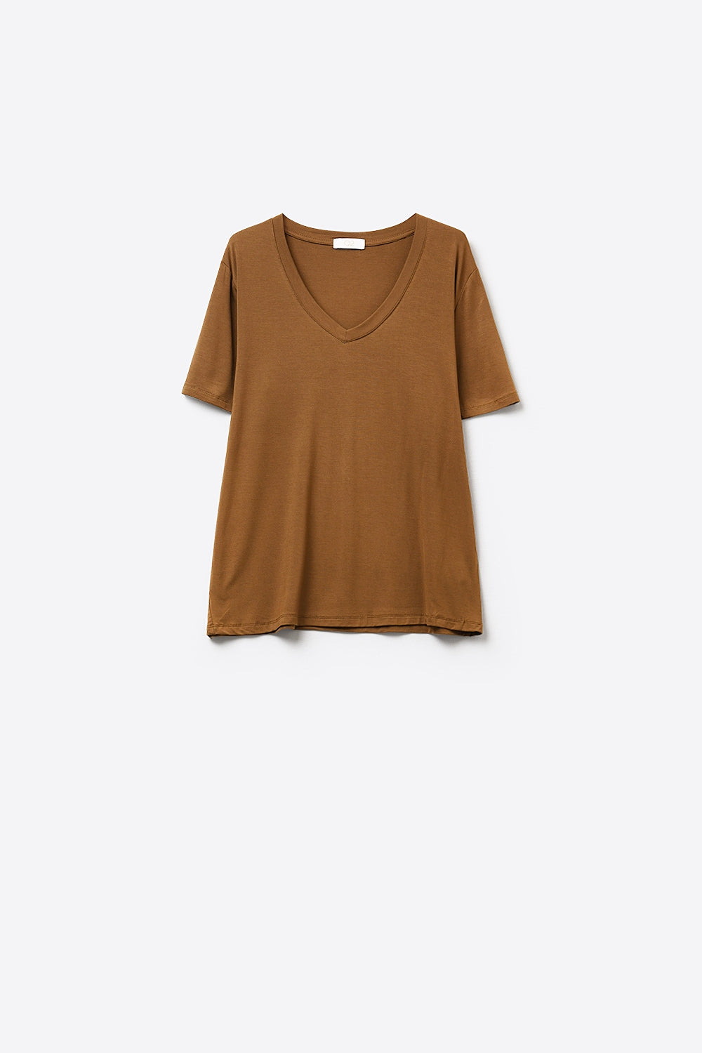 Brown Soft wide V-Neck t-shirt in viscose fabric - top