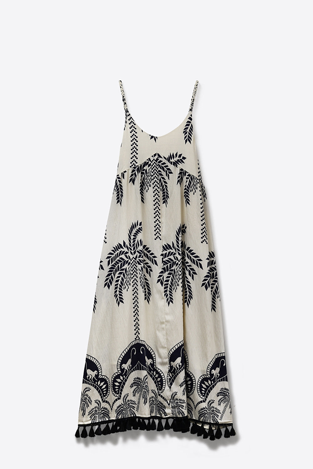 Cream Maxi Dress with navy Palm Print and Tassels - dress