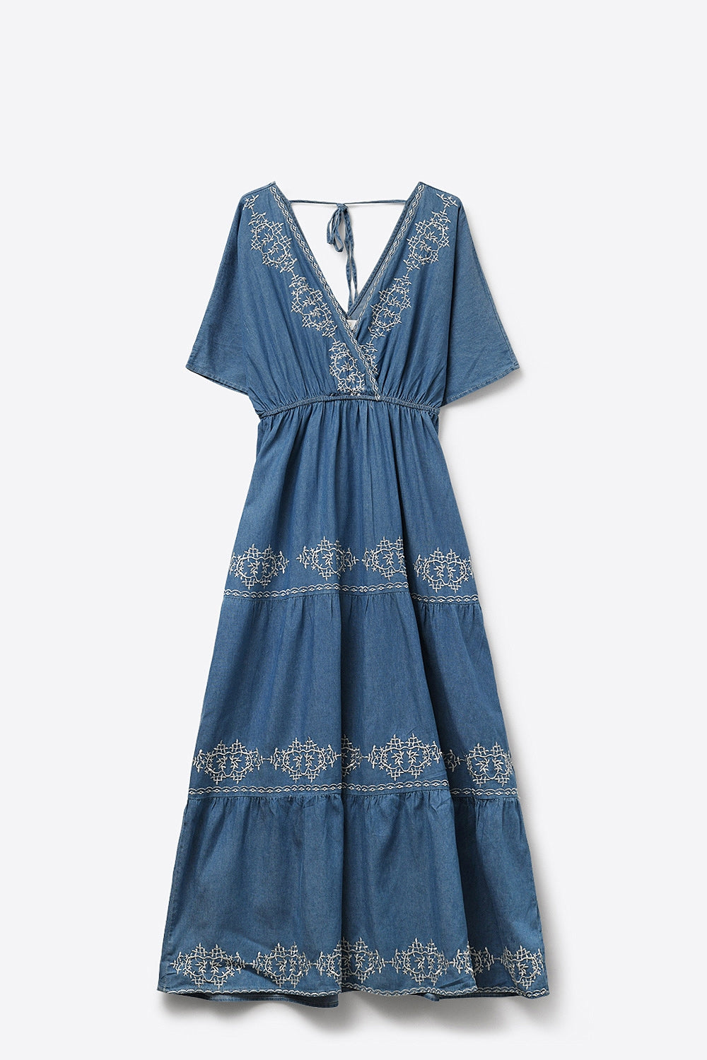 Blue Embroidered Maxi Dress with V-Neckline - dress