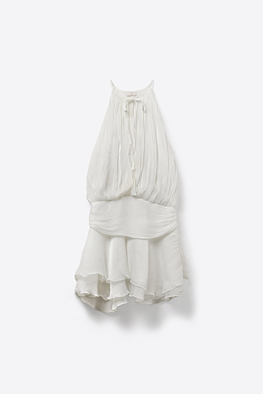 White Pleated Halter Neck Ruffle Dress with shiny chiffon fabric - dress