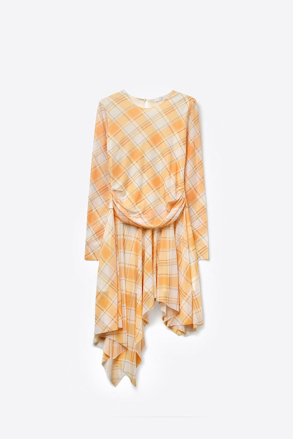 Mesh Fabric Plaid Long Sleeve Asymmetrical Dress in Orange - dress